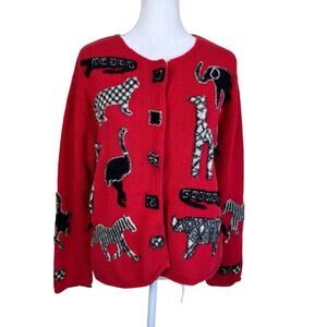 Susan Bristol Sz L Vtg Y2K Red Animal Appliqué Boxy Cardigan Snap Closure Ramie
